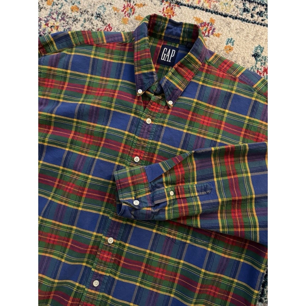 Vintage 90s GAP 100% Cotton Colorful Plaid Button Down Shirt Men's Size XL‎